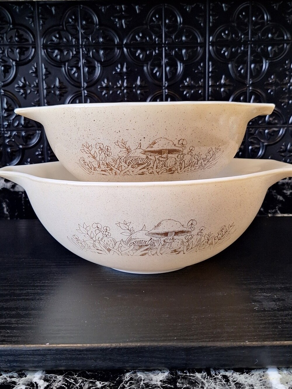 Pair Of Vintage Forest Fancies Pyrex Mushroom Cinderella Mixing Bowls